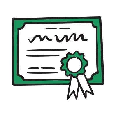 Illustration of a certificate or diploma with a rosette seal on it.